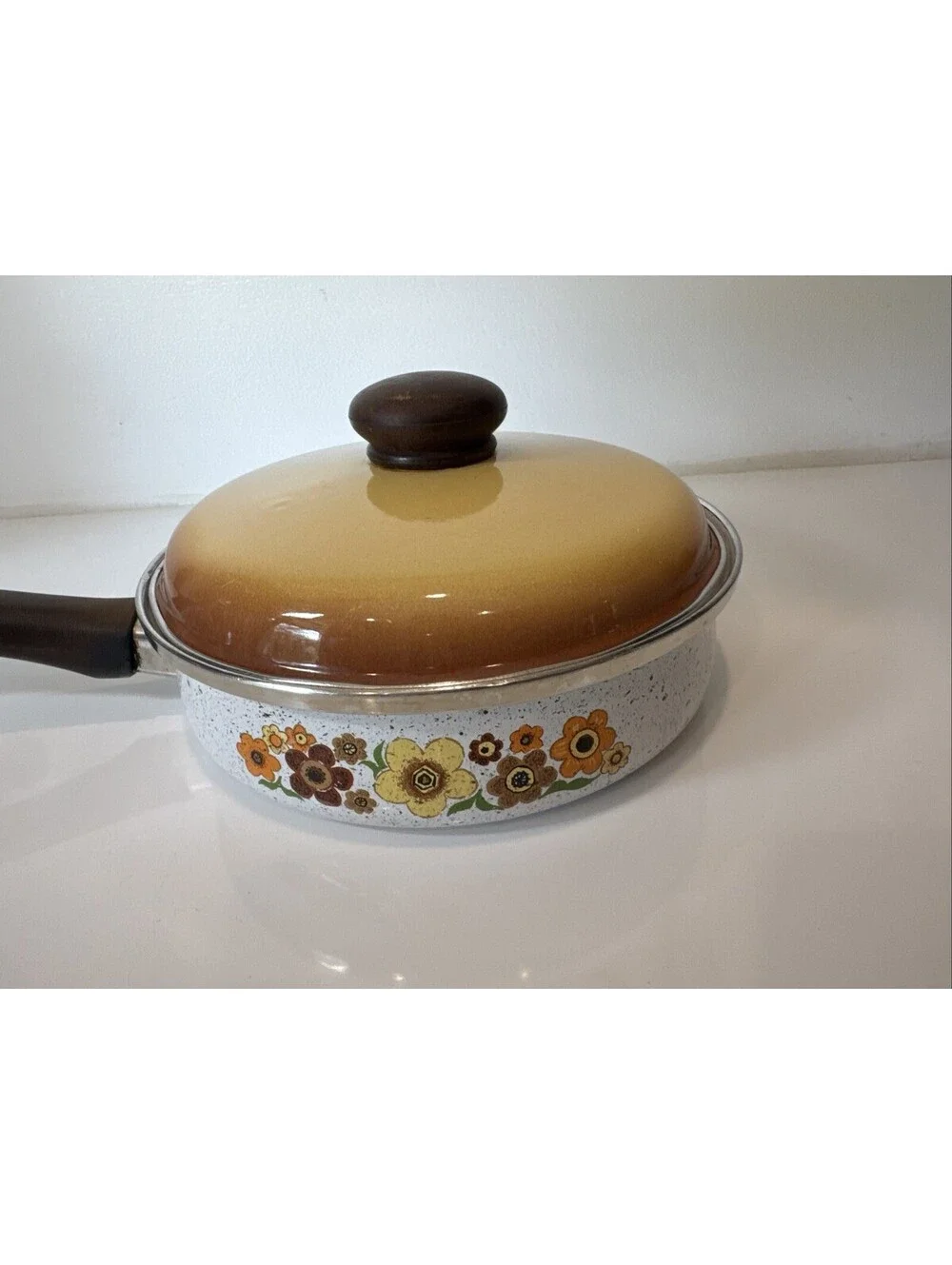 Vintage 1970's Harvest Blossom Enamel Floral Sautee Pan with Lid